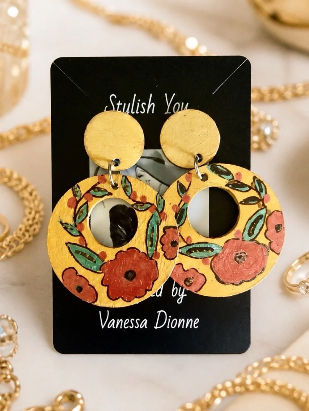 Yellow Floral Round Drop Earrings with Painted Detail